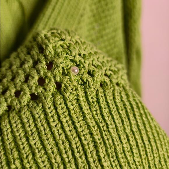 NEW Pearl By Lela Rose Cable V-Neck Sweater XS Pistachio Green Classic Layering - Picture 6 of 9